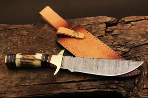 | 12-Inch Premium Handcrafted Damascus Steel Hunting Knife - 7 inch Full Tang Blade with 5 inch Ergonomic handle with brass details for Hunting, Camping and Bush craft