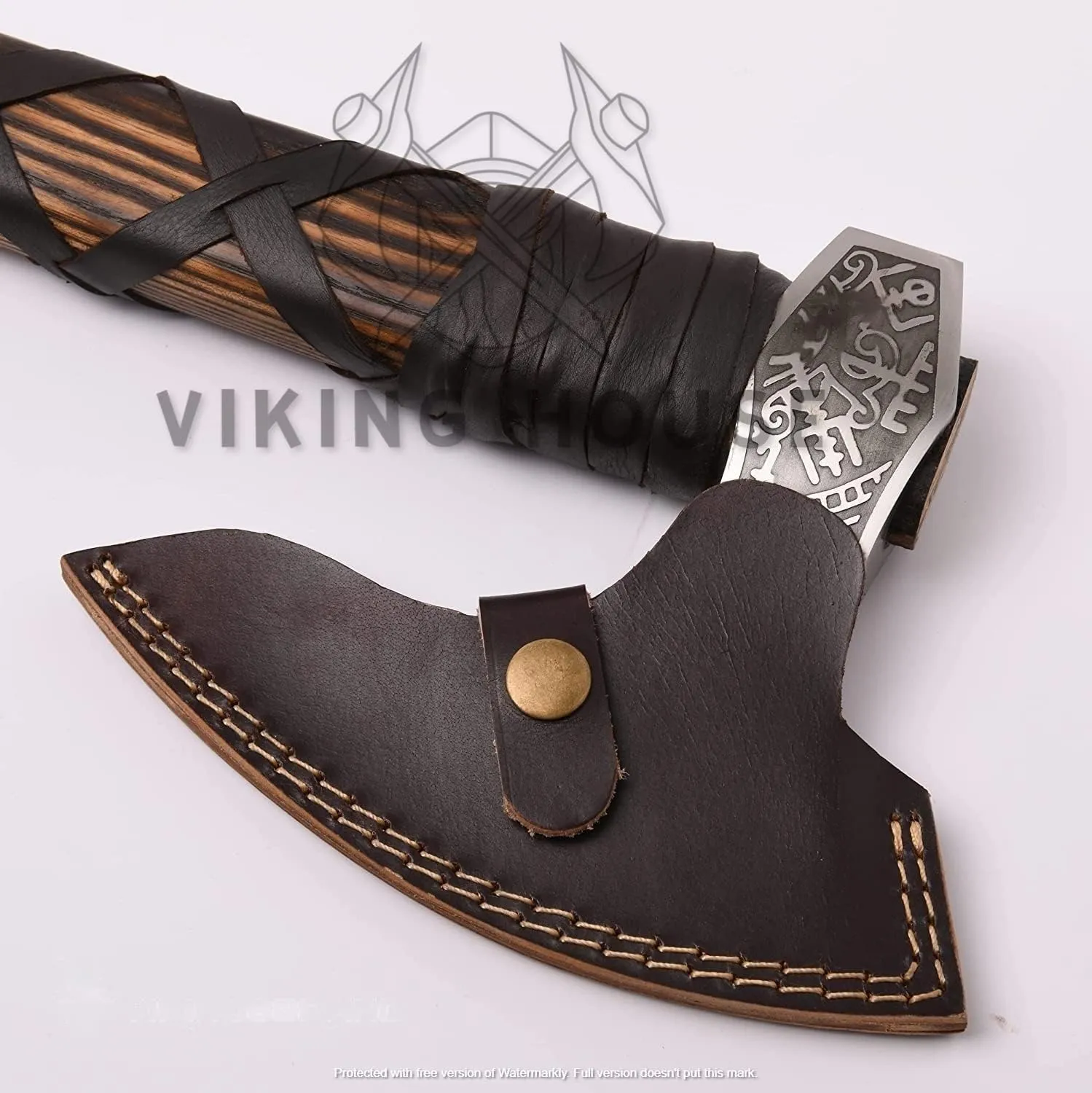 | Viking Axe | Wolf & Vegvisir Carbon Steel Axe Head | Wolf Camp Axe | Genuine Leather Sheath & Wrap | Bearded Axe | Ragnar Lothbrok Axe...