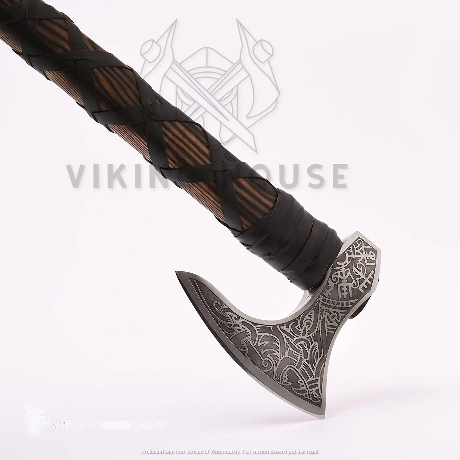 | Viking Axe | Wolf & Vegvisir Carbon Steel Axe Head | Wolf Camp Axe | Genuine Leather Sheath & Wrap | Bearded Axe | Ragnar Lothbrok Axe...