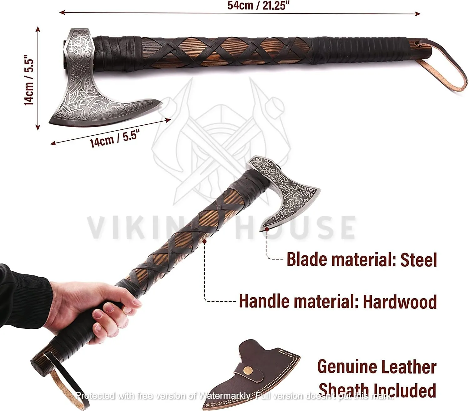 | Viking Axe | Wolf & Vegvisir Carbon Steel Axe Head | Wolf Camp Axe | Genuine Leather Sheath & Wrap | Bearded Axe | Ragnar Lothbrok Axe...