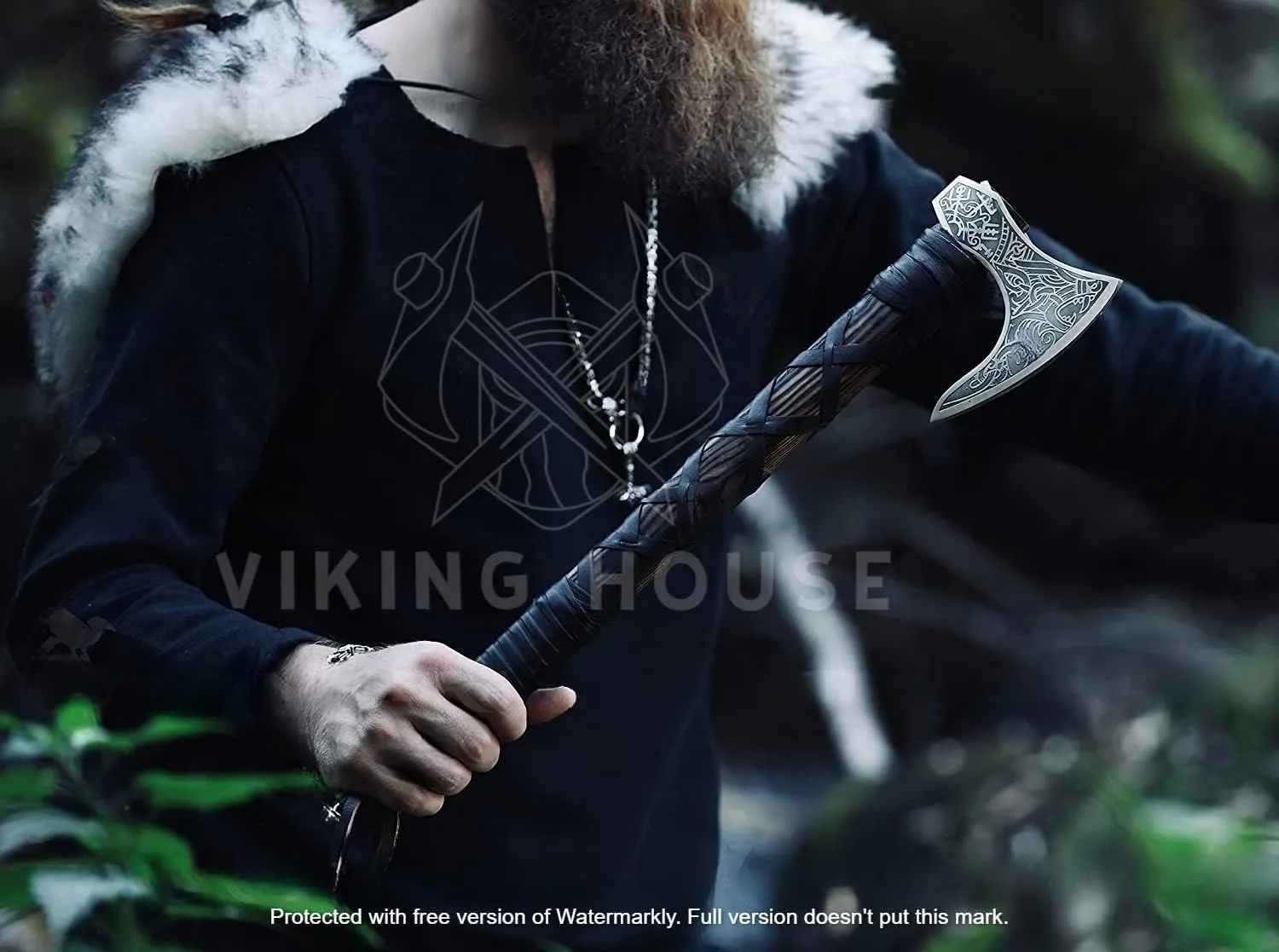 | Viking Axe | Wolf & Vegvisir Carbon Steel Axe Head | Wolf Camp Axe | Genuine Leather Sheath & Wrap | Bearded Axe | Ragnar Lothbrok Axe...