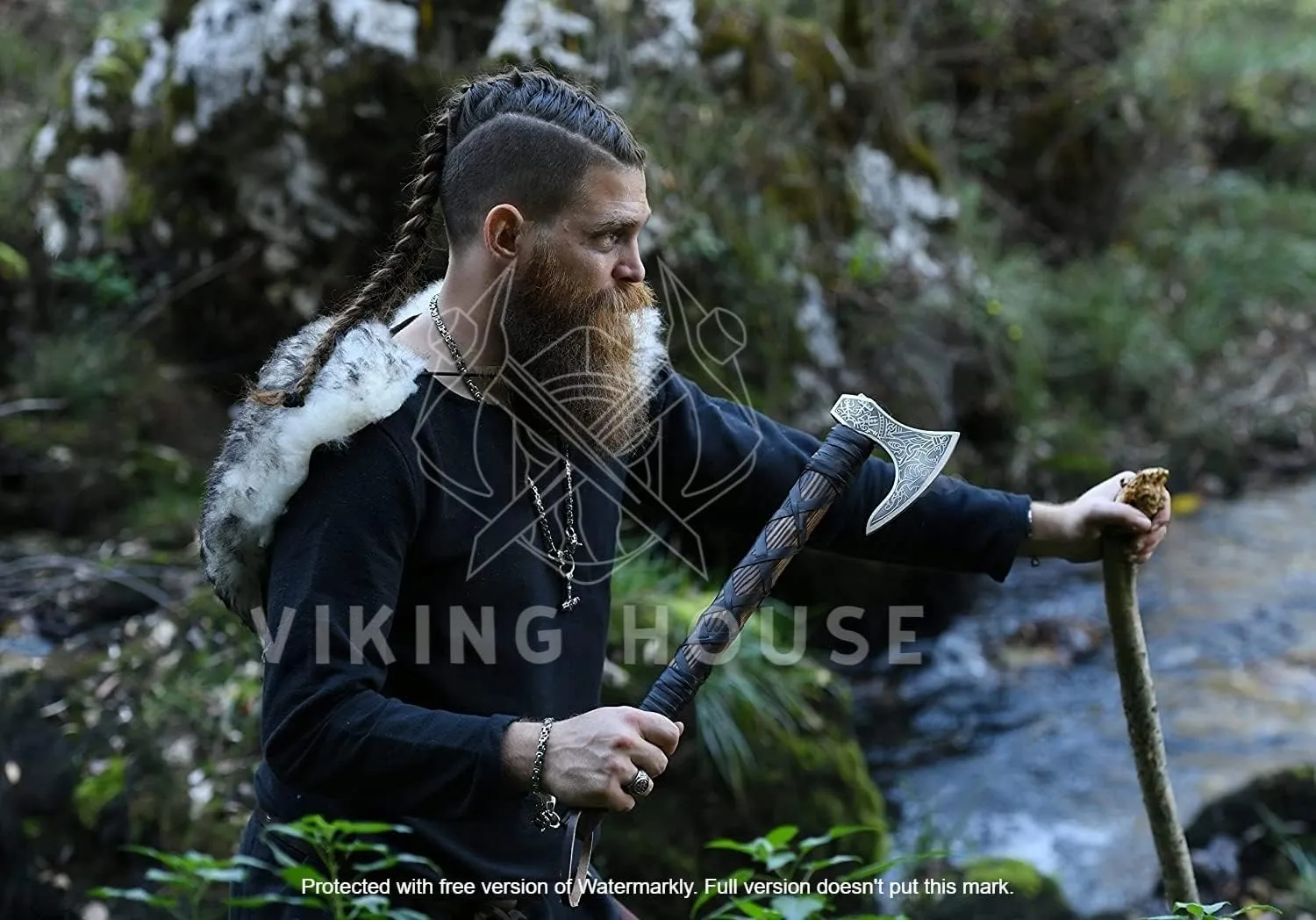 | Viking Axe | Wolf & Vegvisir Carbon Steel Axe Head | Wolf Camp Axe | Genuine Leather Sheath & Wrap | Bearded Axe | Ragnar Lothbrok Axe...