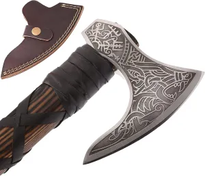 | Viking Axe | Wolf & Vegvisir Carbon Steel Axe Head | Wolf Camp Axe | Genuine Leather Sheath & Wrap | Bearded Axe | Ragnar Lothbrok Axe...