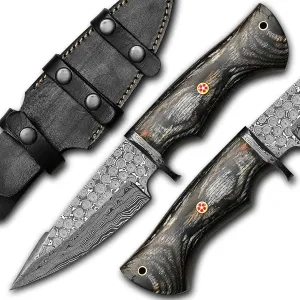 10 Inch Handmade Damascus Hunting Knife - Ideal for Skinning, Camping, Outdoor - EDC Fixed Blade Bushcraft Knife with Pakka Wood Handle Sheath Included., 202401