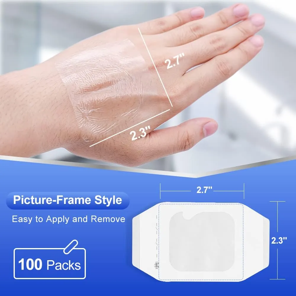 100 Pcs Transparent Film Dressing, HSA FSA Eligible, Waterproof Bandages Post Surgical for Wound Cover Shower, Clear Bandage 2.375" x 2.75"