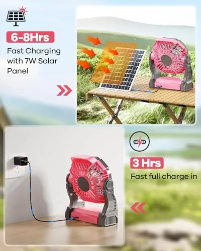 10400mAh Solar Fan,Camping Fan w/ 7W Solar Panel,Rechargeable Solar Powered Fan with LED Lantern,Portable Battery Operated Fan