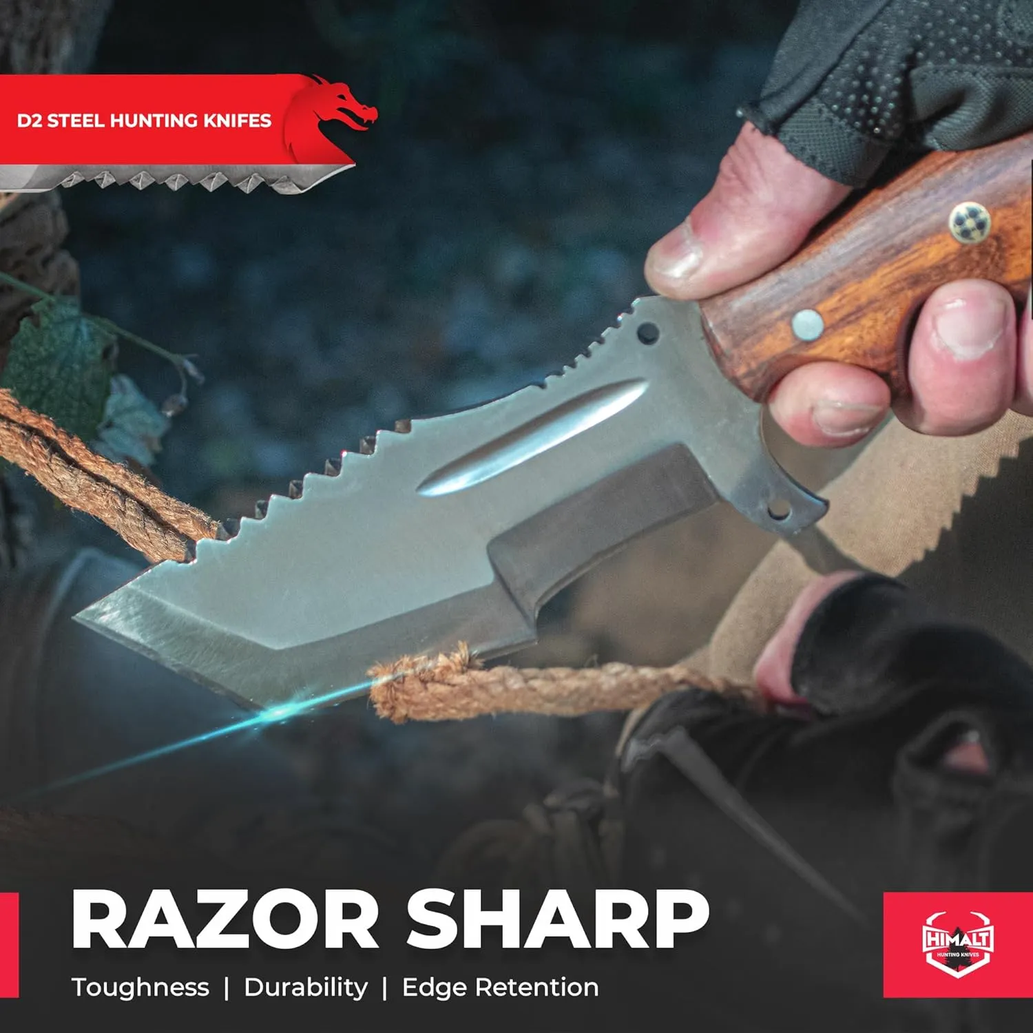 10" Handmade D2 Steel- Fixed Blade Hunting Knife With Sheath-Rosewood Handle-Full Tang Survival, Tactical, Camping, Bushcraft knife-Ideal For EDC-Outdoor-Best Hunting Knives For Men.