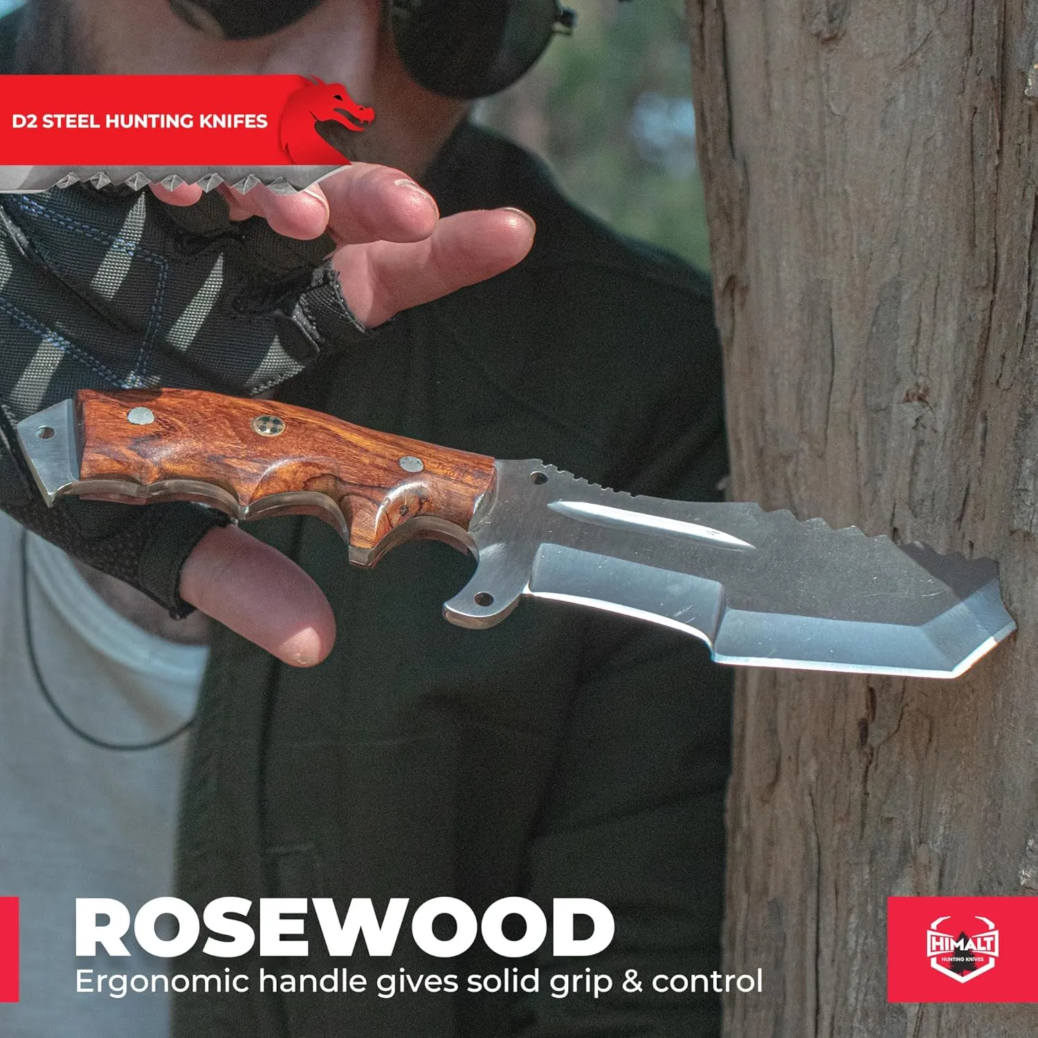 10" Handmade D2 Steel- Fixed Blade Hunting Knife With Sheath-Rosewood Handle-Full Tang Survival, Tactical, Camping, Bushcraft knife-Ideal For EDC-Outdoor-Best Hunting Knives For Men.