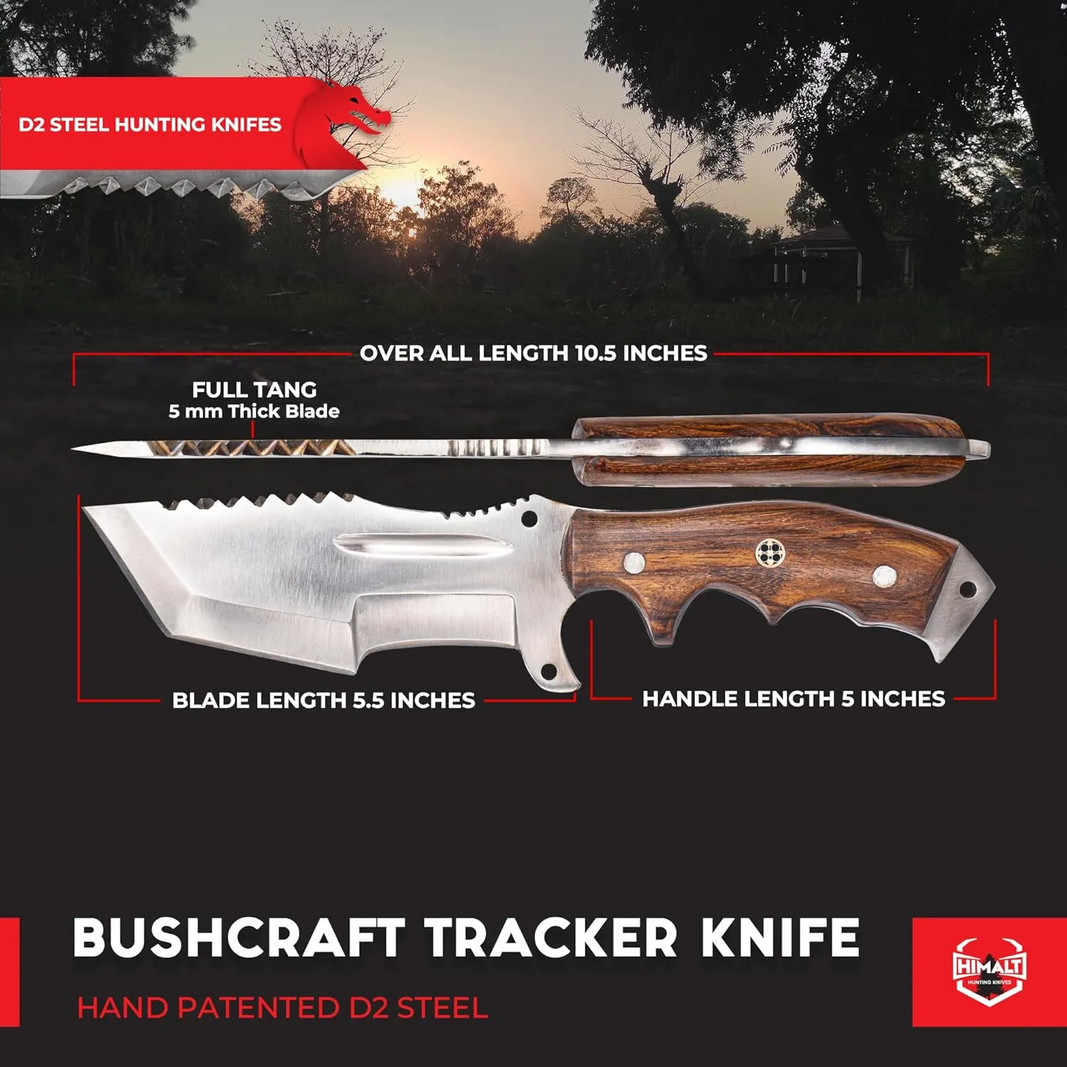 10" Handmade D2 Steel- Fixed Blade Hunting Knife With Sheath-Rosewood Handle-Full Tang Survival, Tactical, Camping, Bushcraft knife-Ideal For EDC-Outdoor-Best Hunting Knives For Men.