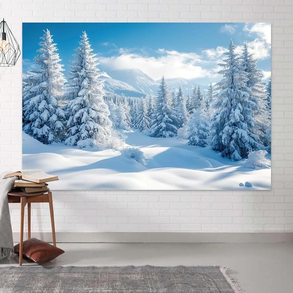 10x8ft Winter Snow Forest Backdrop White Xmas Trees Wintry Scene Alps Mountains Ice and Snow World Background Winter Wonderland Backdrop Christmas New Year Party Decor Banner Photo Studio Props