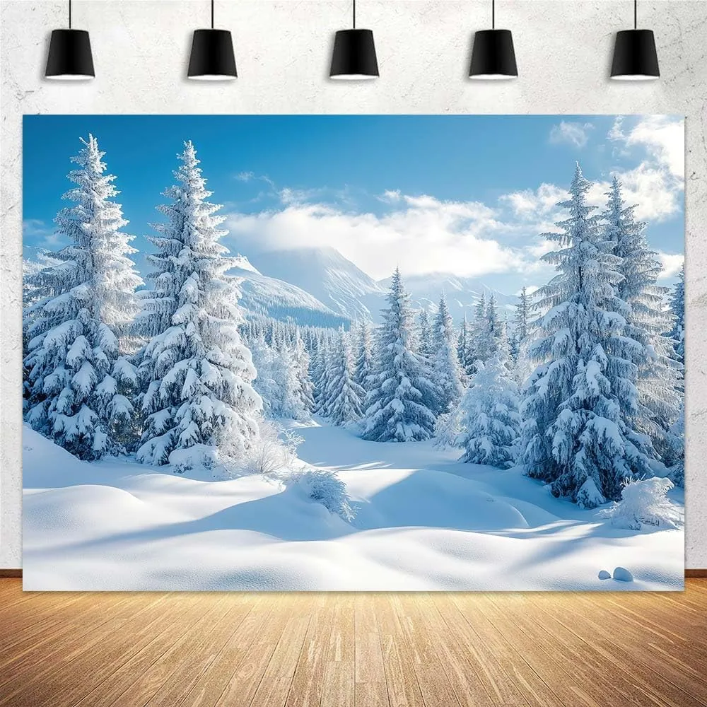 10x8ft Winter Snow Forest Backdrop White Xmas Trees Wintry Scene Alps Mountains Ice and Snow World Background Winter Wonderland Backdrop Christmas New Year Party Decor Banner Photo Studio Props
