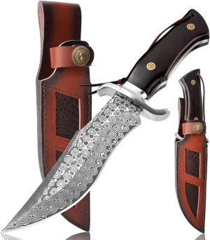11.26" Damascus Steel Fixed Blade Bowie Knife with Leather Sheath, Hunting Knife for Outdoor Survival Camping Hiking