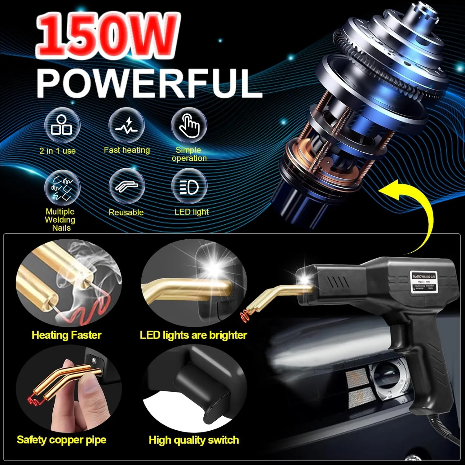 150W Upgraded Plastic Welder Kit,1000PCS Hot Stapler Welding Machine Car Bumper Repair Kit,2 in 1 Plastic Welder Soldering Gun with Weld Rods,6 Types Staples for Bumper/Kayak/Plastic Product Repairs