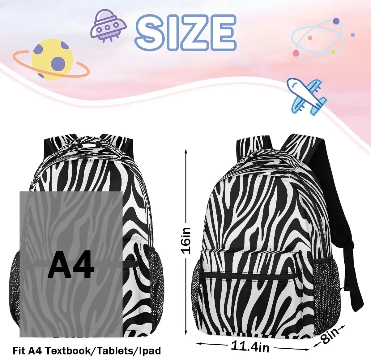 16 Inch Backpack Zebra Print Abstract Retro Waterproof Lightweight Travel Back Pack Adjustable Casual Rucksack For Men Women Daypack Fits Travel Outdoor Sport Work Hiking Gym Gifts