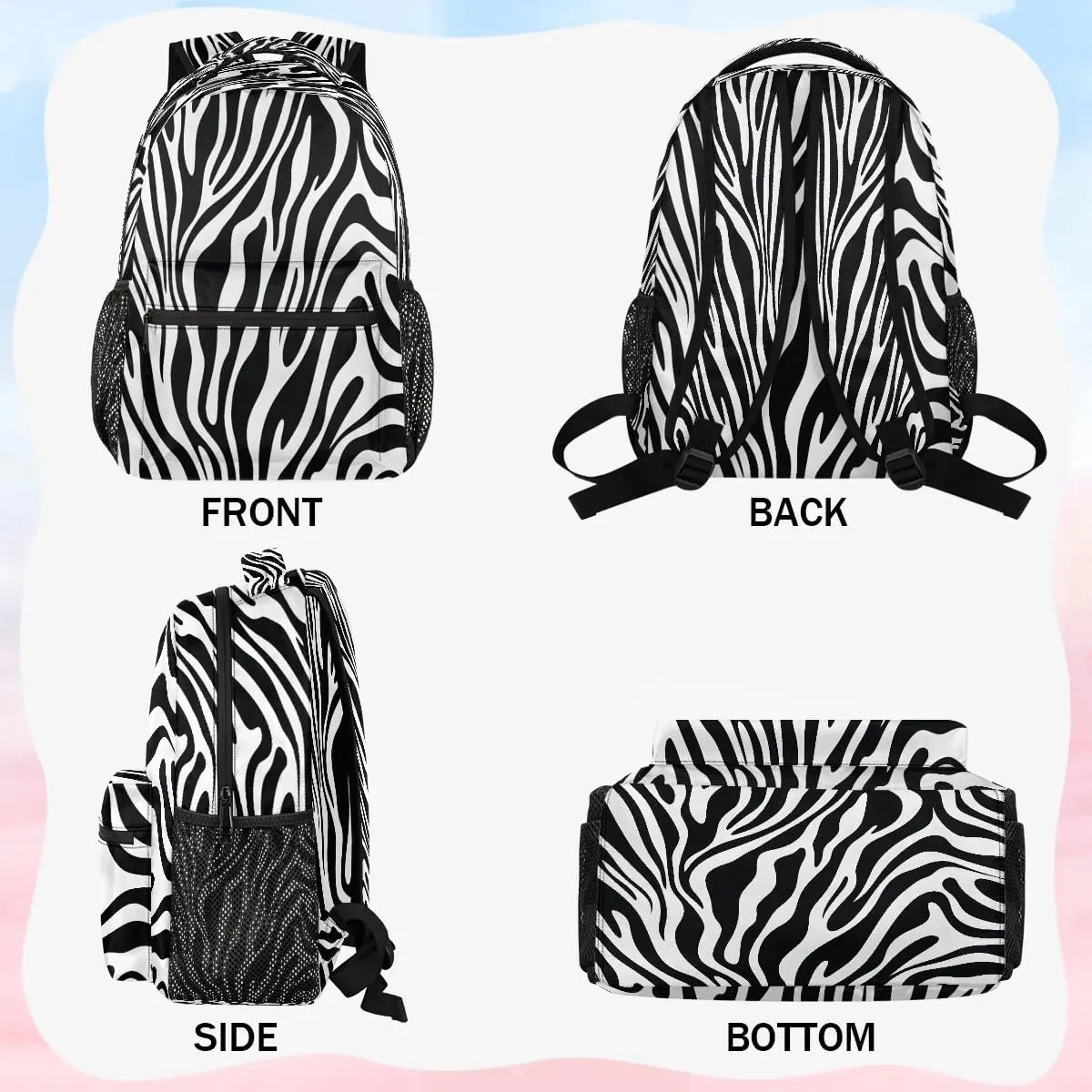 16 Inch Backpack Zebra Print Abstract Retro Waterproof Lightweight Travel Back Pack Adjustable Casual Rucksack For Men Women Daypack Fits Travel Outdoor Sport Work Hiking Gym Gifts