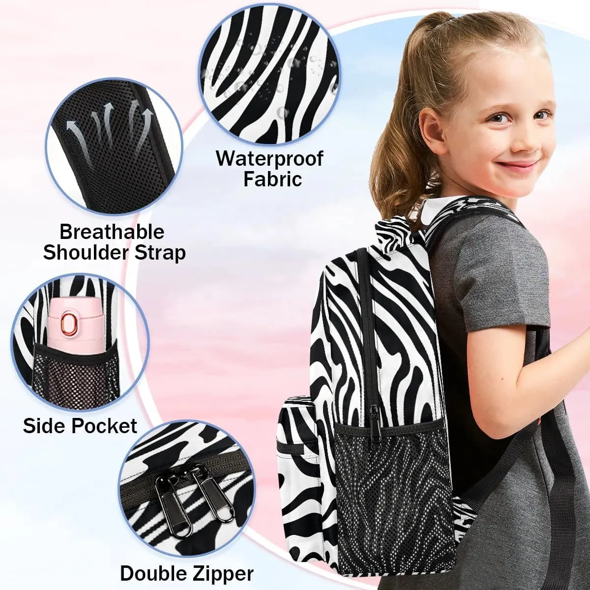 16 Inch Backpack Zebra Print Abstract Retro Waterproof Lightweight Travel Back Pack Adjustable Casual Rucksack For Men Women Daypack Fits Travel Outdoor Sport Work Hiking Gym Gifts