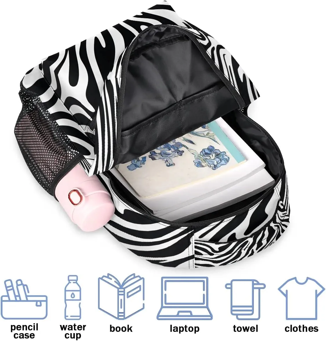 16 Inch Backpack Zebra Print Abstract Retro Waterproof Lightweight Travel Back Pack Adjustable Casual Rucksack For Men Women Daypack Fits Travel Outdoor Sport Work Hiking Gym Gifts