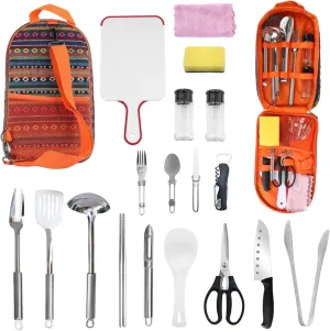 19 Camping cookware Sets, Portable Picnic cookware, Outdoor Kitchen Equipment, Camping fire Barbecue Utensils with Storage Bags