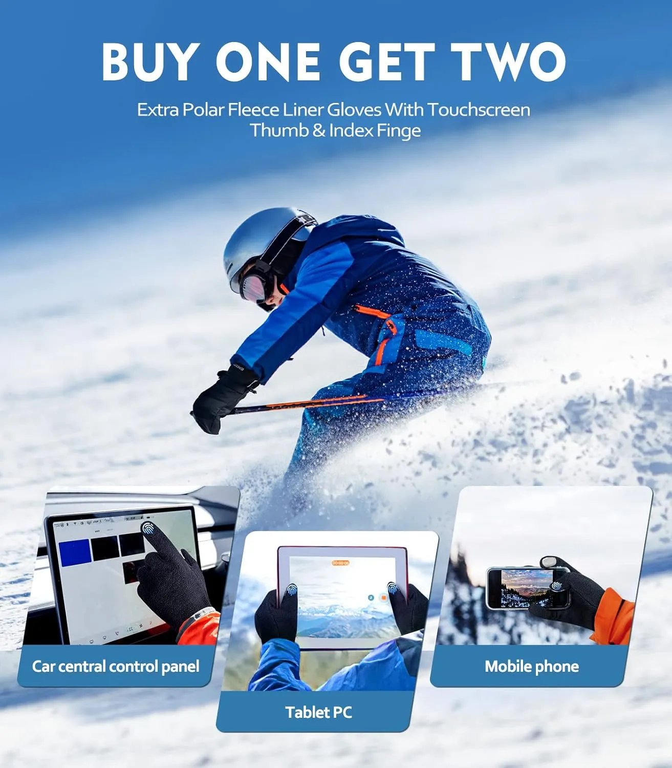 2 in 1 Winter Ski Mittens for Men & Women with Fleece Glove Liners, Waterproof Winter Ski Gloves Made with 3M C100 Insulation, 5-Layer Fabric Snowboard Mittens with Touchscreen Inner Gloves