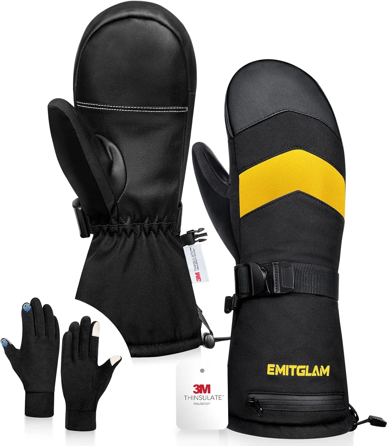2 in 1 Winter Ski Mittens for Men & Women with Fleece Glove Liners, Waterproof Winter Ski Gloves Made with 3M C100 Insulation, 5-Layer Fabric Snowboard Mittens with Touchscreen Inner Gloves