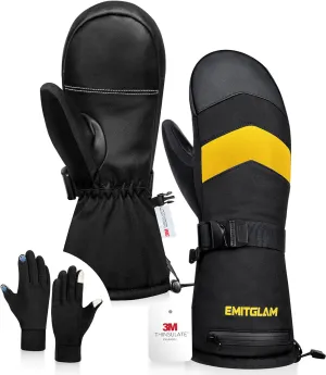 2 in 1 Winter Ski Mittens for Men & Women with Fleece Glove Liners, Waterproof Winter Ski Gloves Made with 3M C100 Insulation, 5-Layer Fabric Snowboard Mittens with Touchscreen Inner Gloves