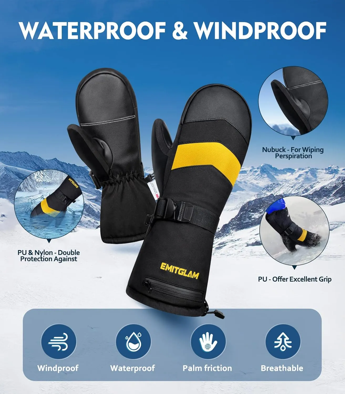 2 in 1 Winter Ski Mittens for Men & Women with Fleece Glove Liners, Waterproof Winter Ski Gloves Made with 3M C100 Insulation, 5-Layer Fabric Snowboard Mittens with Touchscreen Inner Gloves