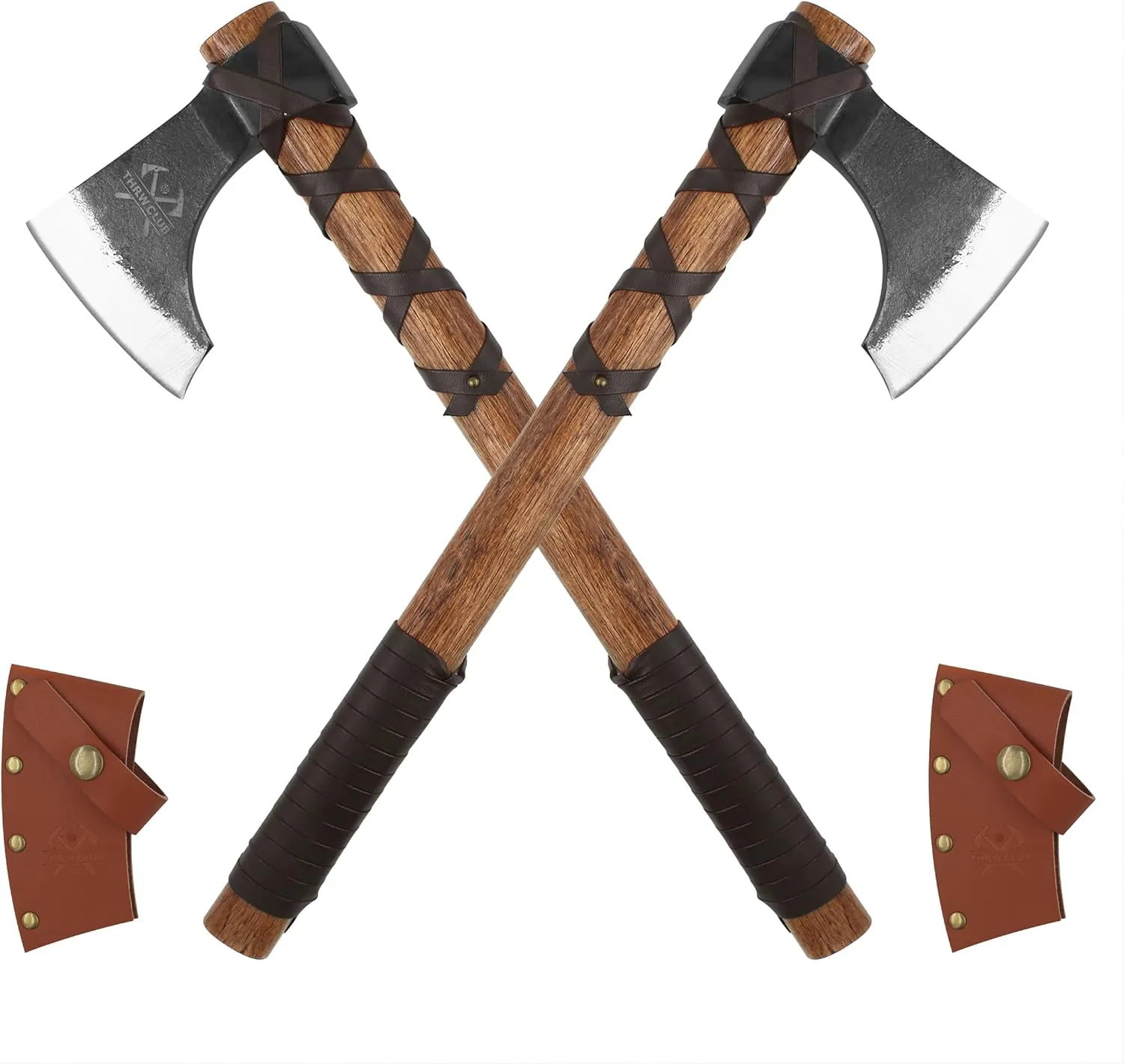 2 Pack 19" Throwing Axe, Throwing Tomahawk with Leather Sheath, 1065 High Carbon Steel and Beech Wooden Handle, Well-Balanced Great for Axe Throwing Game, Competition and Recreation