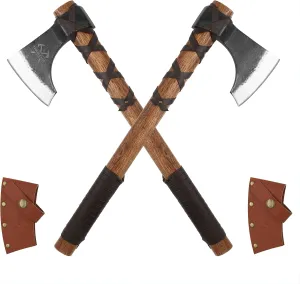 2 Pack 19" Throwing Axe, Throwing Tomahawk with Leather Sheath, 1065 High Carbon Steel and Beech Wooden Handle, Well-Balanced Great for Axe Throwing Game, Competition and Recreation