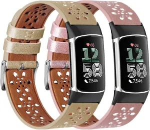 2 Pack Leather Bands Compatible with Fit Bit Charge 5 for Men Women，Soft Breathe Skeletonized Leather Wristband Replacement for Fit Bit Charge 5