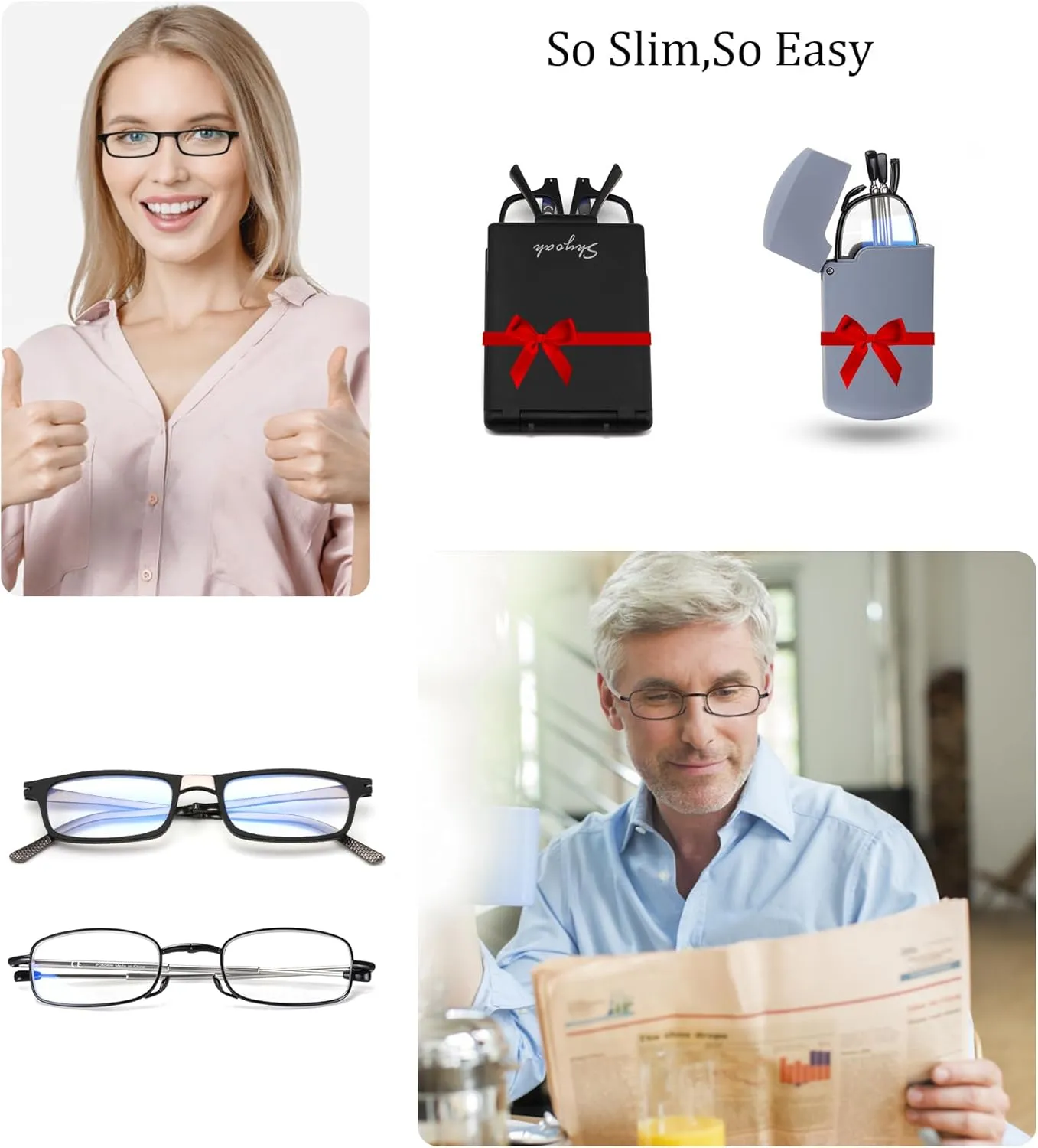 2-Pack Special Folding Reading Glasses Portable for Women Men Unbreakable Compact Foldable Readers Blue Light Blocking UV 400 Protection Anti Scratch/Eyestrain Exquisite Present Box  2.5 Black