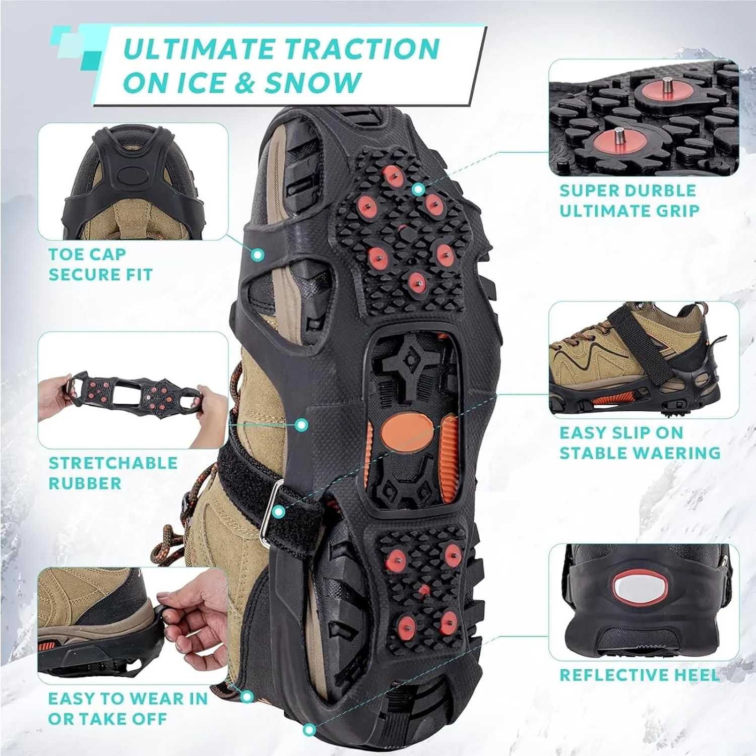 2 Pairs Ice Snow Cleats Crampons with 10 Tungsten Spikes with Reflective Strips for Shoes and Boots Anti Slip Traction Cleats