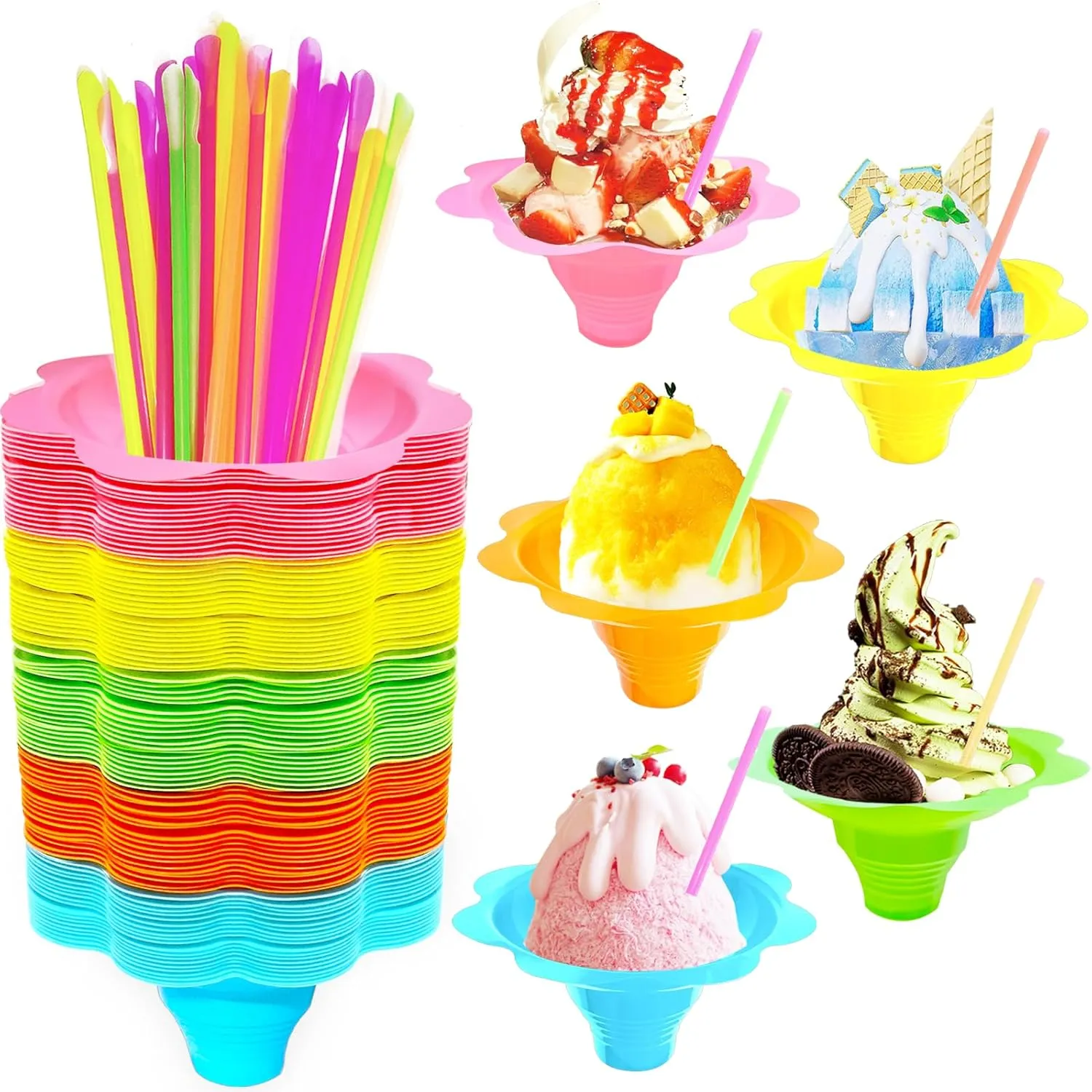 200Pcs 4oz Colorful Snow Cone Cups with Spoon Straws,Plastic Reusable Flower Shaved Ice Drip Cups Snack Ice Cream Bowls for Kids,Birthday Party,Holiday,Summer