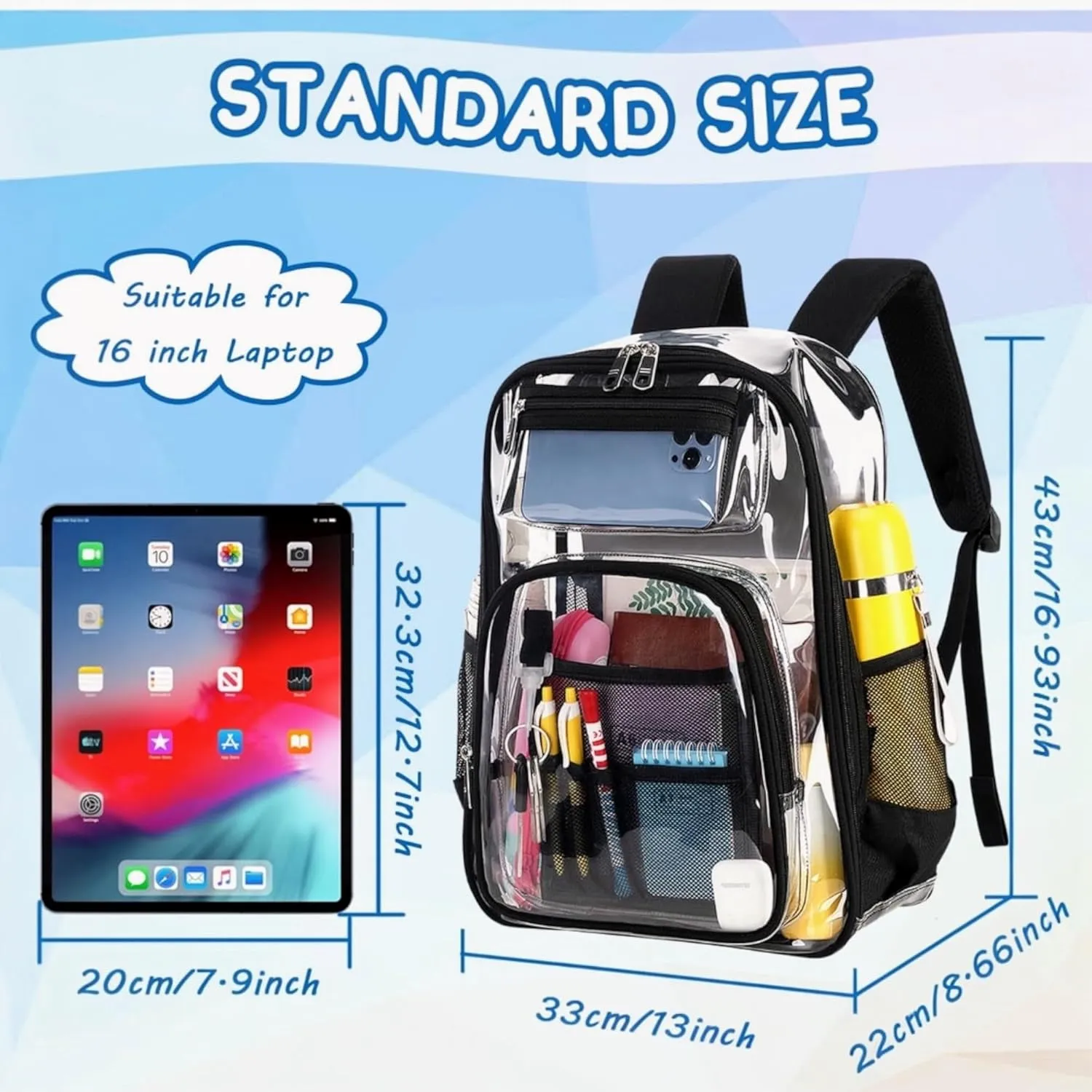 2/2 Pack Clear Backpack Bulk for Students SeeThrough Bag (Multicolor) With Keychain Incluide Transparen Stadium Backpack (1 Black /1 Purple 2 Key Shain Letter L, Large), TY22092704
