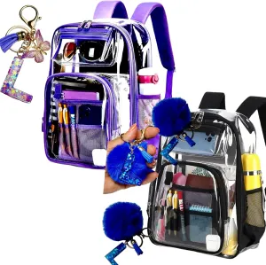 2/2 Pack Clear Backpack Bulk for Students SeeThrough Bag (Multicolor) With Keychain Incluide Transparen Stadium Backpack (1 Black /1 Purple 2 Key Shain Letter L, Large), TY22092704