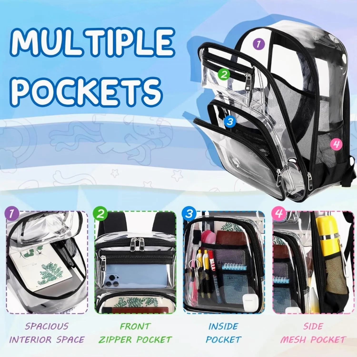 2/2 Pack Clear Backpack Bulk for Students SeeThrough Bag (Multicolor) With Keychain Incluide Transparen Stadium Backpack (1 Black /1 Purple 2 Key Shain Letter L, Large), TY22092704