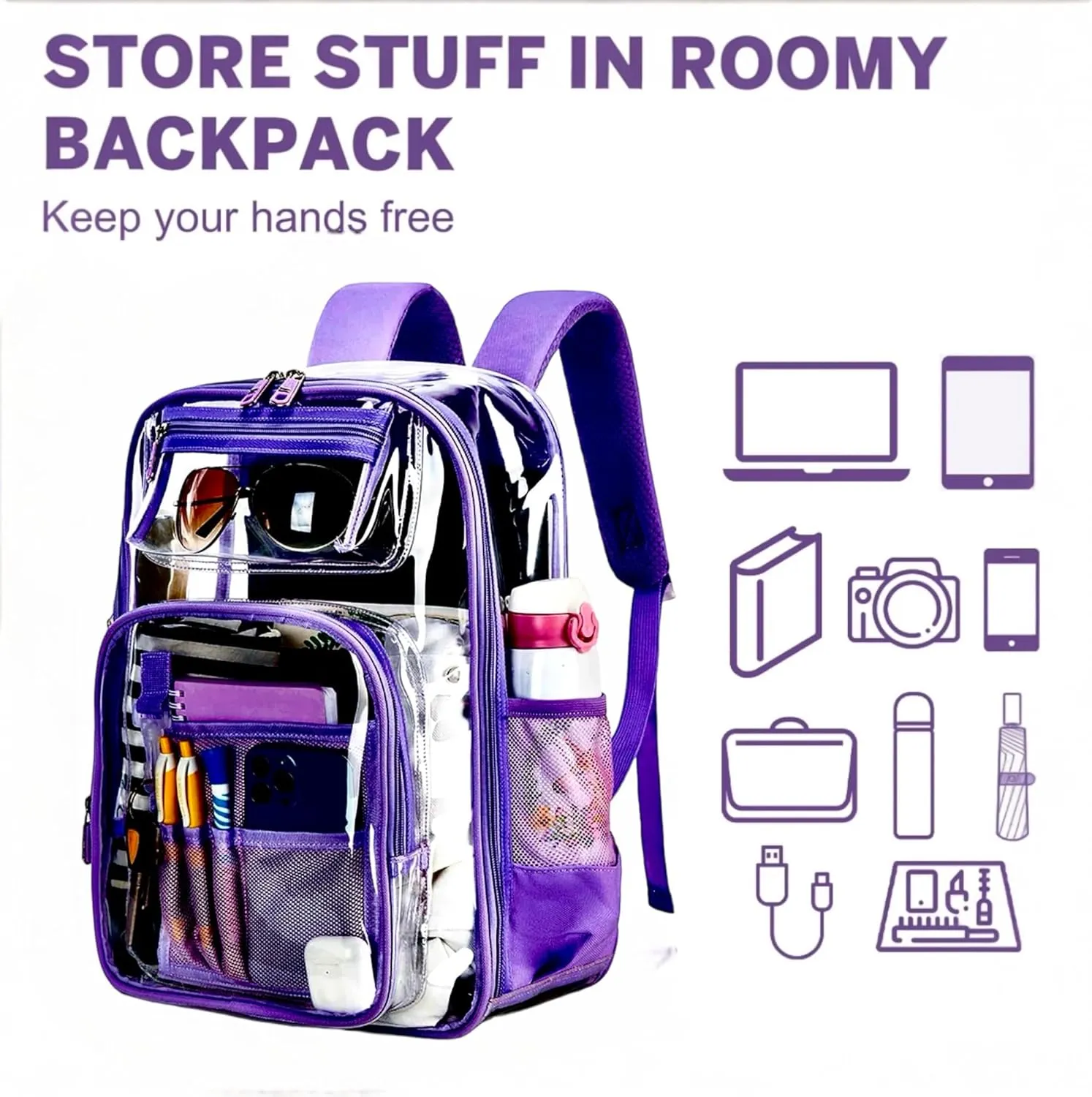 2/2 Pack Clear Backpack Bulk for Students SeeThrough Bag (Multicolor) With Keychain Incluide Transparen Stadium Backpack (1 Black /1 Purple 2 Key Shain Letter L, Large), TY22092704