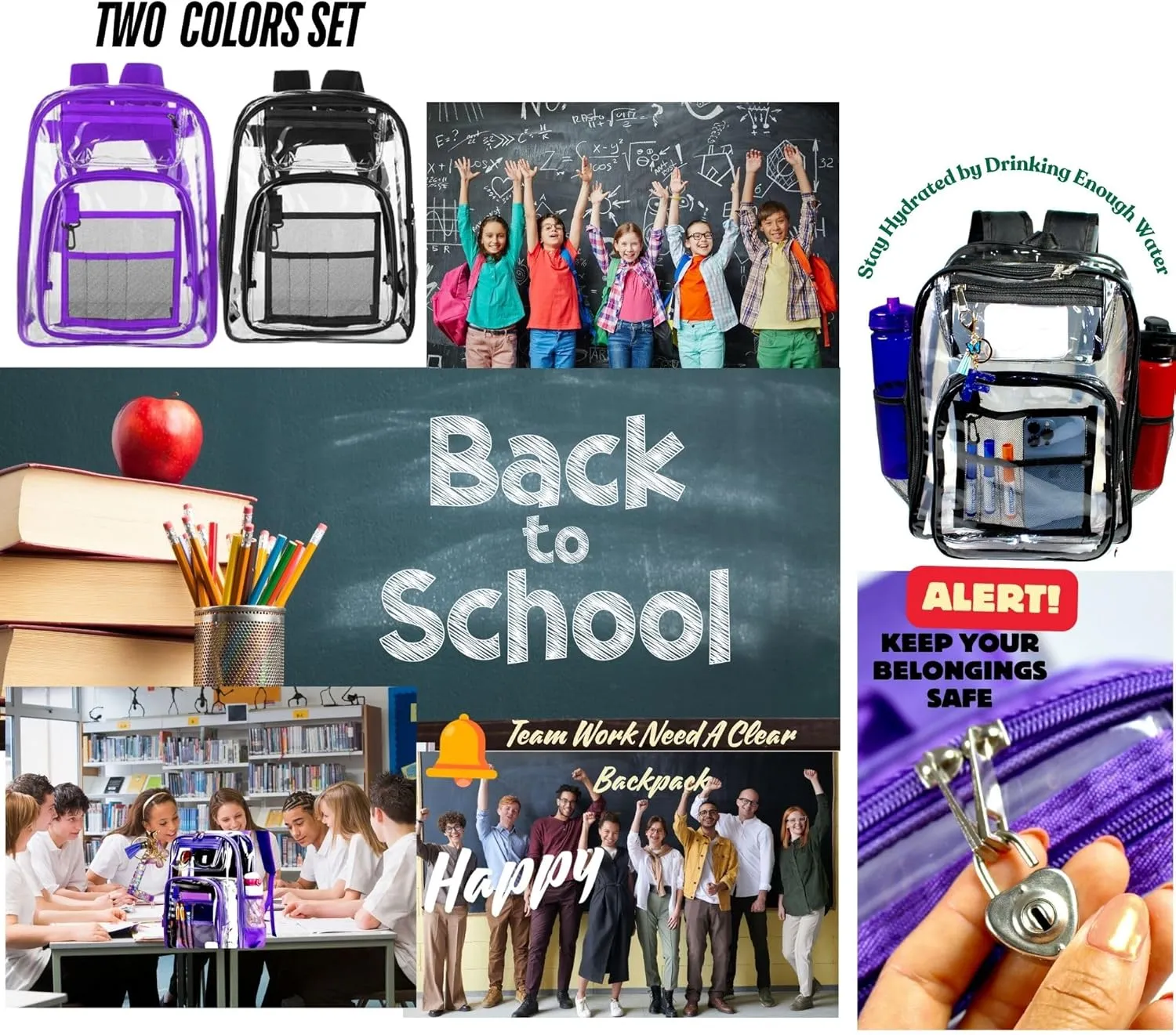 2/2 Pack Clear Backpack Bulk for Students SeeThrough Bag (Multicolor) With Keychain Incluide Transparen Stadium Backpack (1 Black /1 Purple 2 Key Shain Letter L, Large), TY22092704