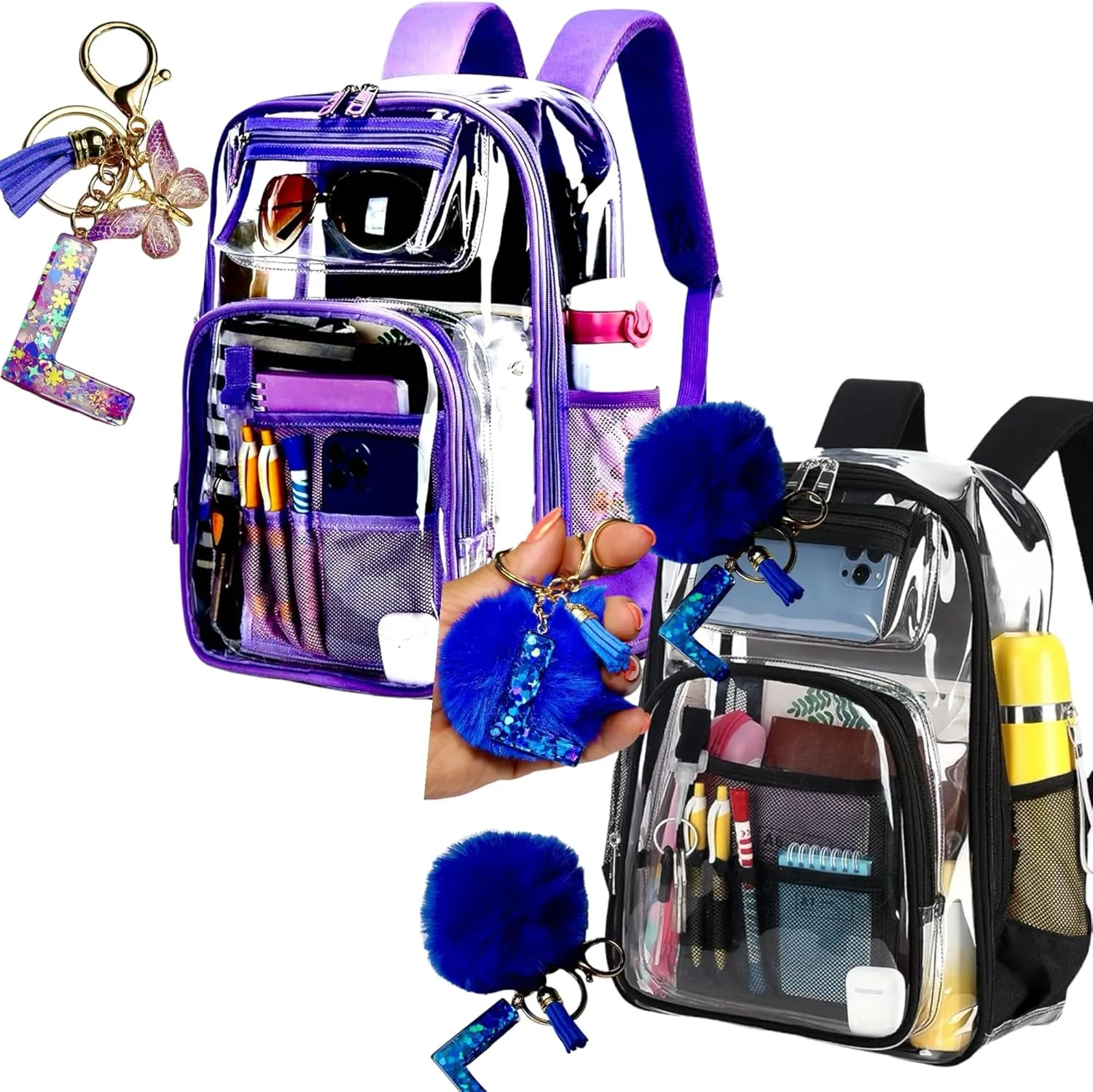 2/2 Pack Clear Backpack Bulk for Students SeeThrough Bag (Multicolor) With Keychain Incluide Transparen Stadium Backpack (1 Black /1 Purple 2 Key Shain Letter L, Large), TY22092704