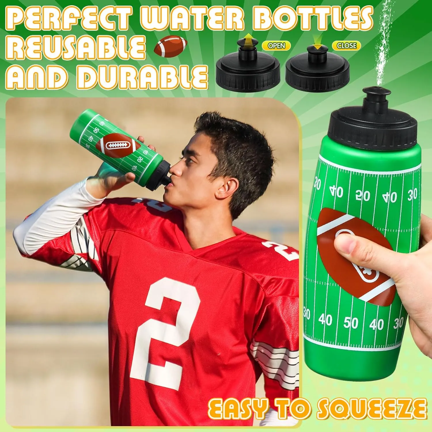 24 Pcs Football Water Bottle Football Drawstring Bag Set with 50 Sticker Football Party Favors 12 Reusable Sports Squeeze Water Bottle 20oz 12 Football Goodie Gift Bag for Football Team Gift