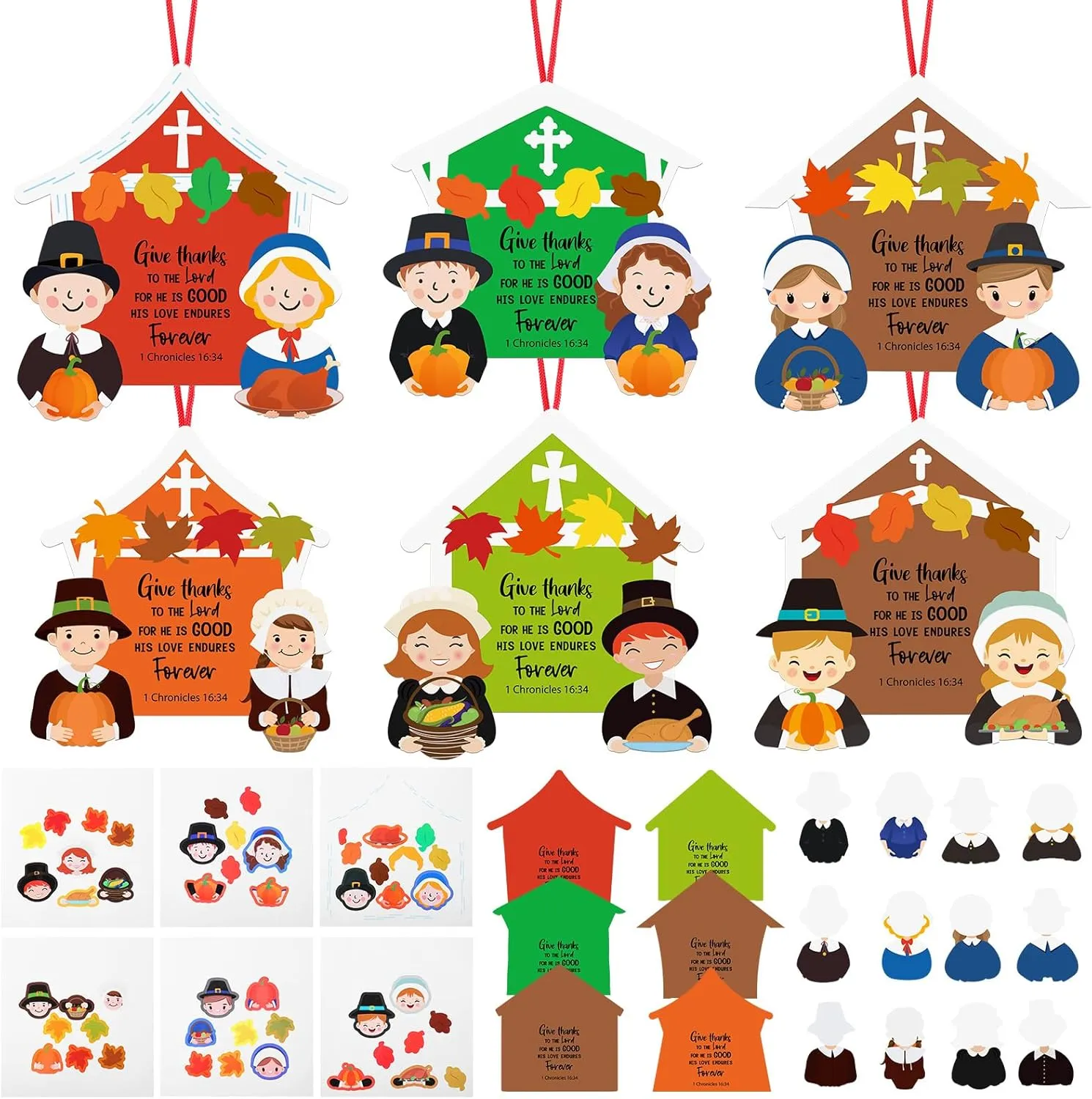 24 Sets Thanksgiving Craft Kit for Kids Pilgrim “Give Thanks” DIY Stickers Fall Autumn Ornaments Making Kit Make Your Own Crafts Church Sunday School Classroom Party Door Hanging Decoration