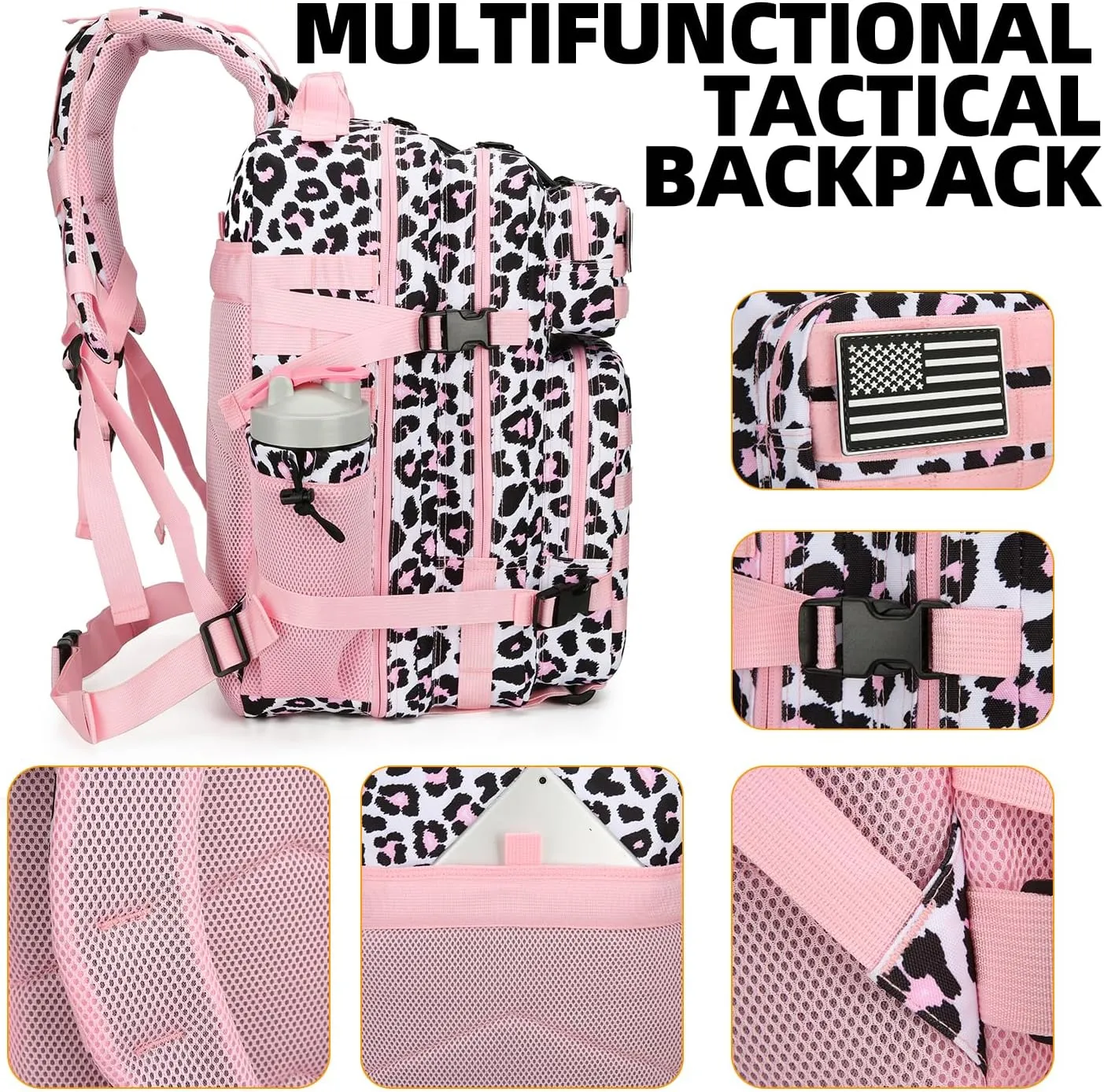 25L Tactical Backpack for Men Women Military Backpack Army Assault Pack Molle Backpack Small Bug Out Bag Travel Rucksack Daypack (Pink Leopard)