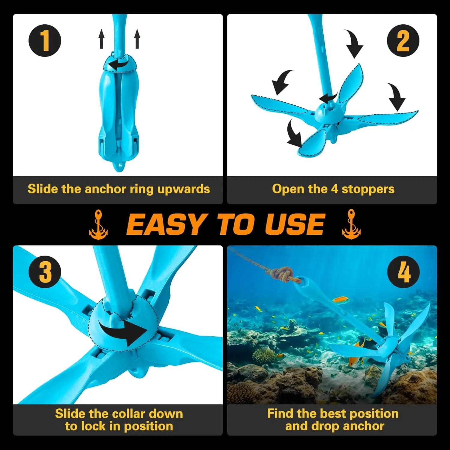 2pcs Kayak Anchor,Jet Ski Anchor, Paddle Board Anchor, Small Boat Jetski and Canoe Anchors Accessories, PWC Anchor, 3.5 lbs Anchor Kit with 40ft/50ft/68ft Reflective Rope
