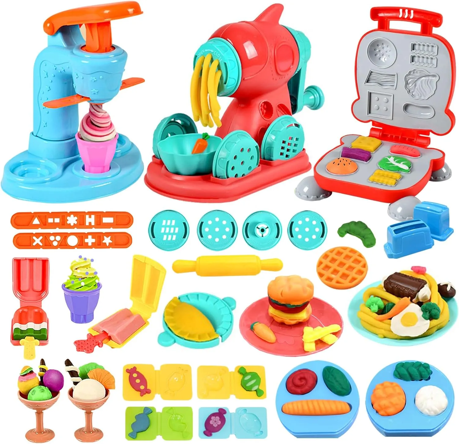 3 in 1 Color Dough Kitchen Creations Set, Ice Cream Noodle Hamburger Maker Machine, Art Crafts Food Modeling Play Toys, Deluxe Tools Kit for Boys Girls Kids Toddlers Ages 3  (12 Colors Dough)