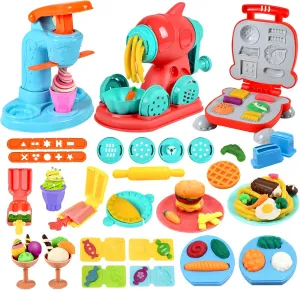 3 in 1 Color Dough Kitchen Creations Set, Ice Cream Noodle Hamburger Maker Machine, Art Crafts Food Modeling Play Toys, Deluxe Tools Kit for Boys Girls Kids Toddlers Ages 3  (12 Colors Dough)
