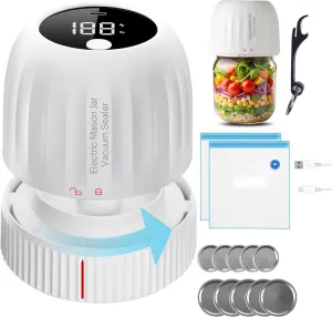 3-in-1 Electric Mason Jar Sealer Vacuum Kit for Wide & Regular Mouth Mason Jars - Firm Sealing, Anti-Slip, Auto-Stop Handheld Mason Jar Vacuum Sealer for Mason Jars with Opener, Lids & Vacuum Bags
