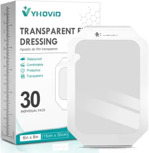 30 Packs Transparent Film Dressing 6'' x 8'' - Waterproof Bandages for Swimming, Showering, Wounds, Post Surgical Shower or IV Shield, Tattoo Aftercare Bandage, Scar Therapy, Adhesive Patches