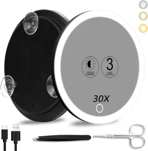 30x Lighted Magnifying Mirror with Suction Cups, Large 6'' Magnified Mirror with Light High Magnification Travel Makeup Mirror, Rechargeable Battery, 3 Colors Dimming Light, with Tweezers &Scissors