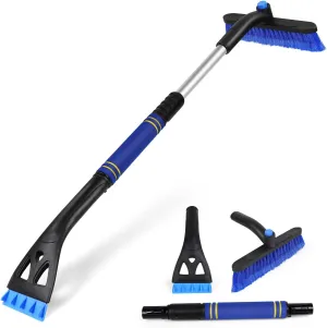 32" Extendable Snow Brush with Ice Scrapers for Car Windshield, 2 in 1 Car Snow Scraper with Ergonomic Foam Grip, Auto Window Snow Scraper and Brush, Winter Car Accessories (Blue)