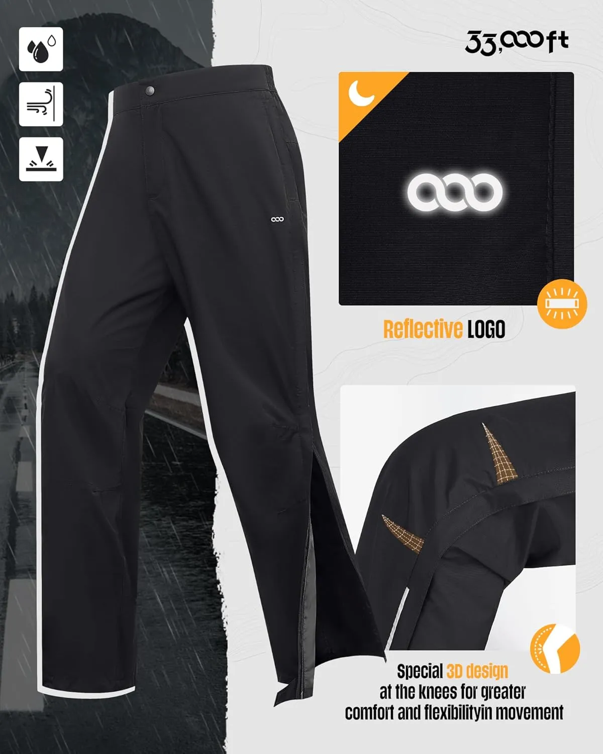 33,000ft Women's Full Zip Rain Pants Lightweight Rain Over Pants Windproof Outdoor Pants for Hiking Fishing Golf