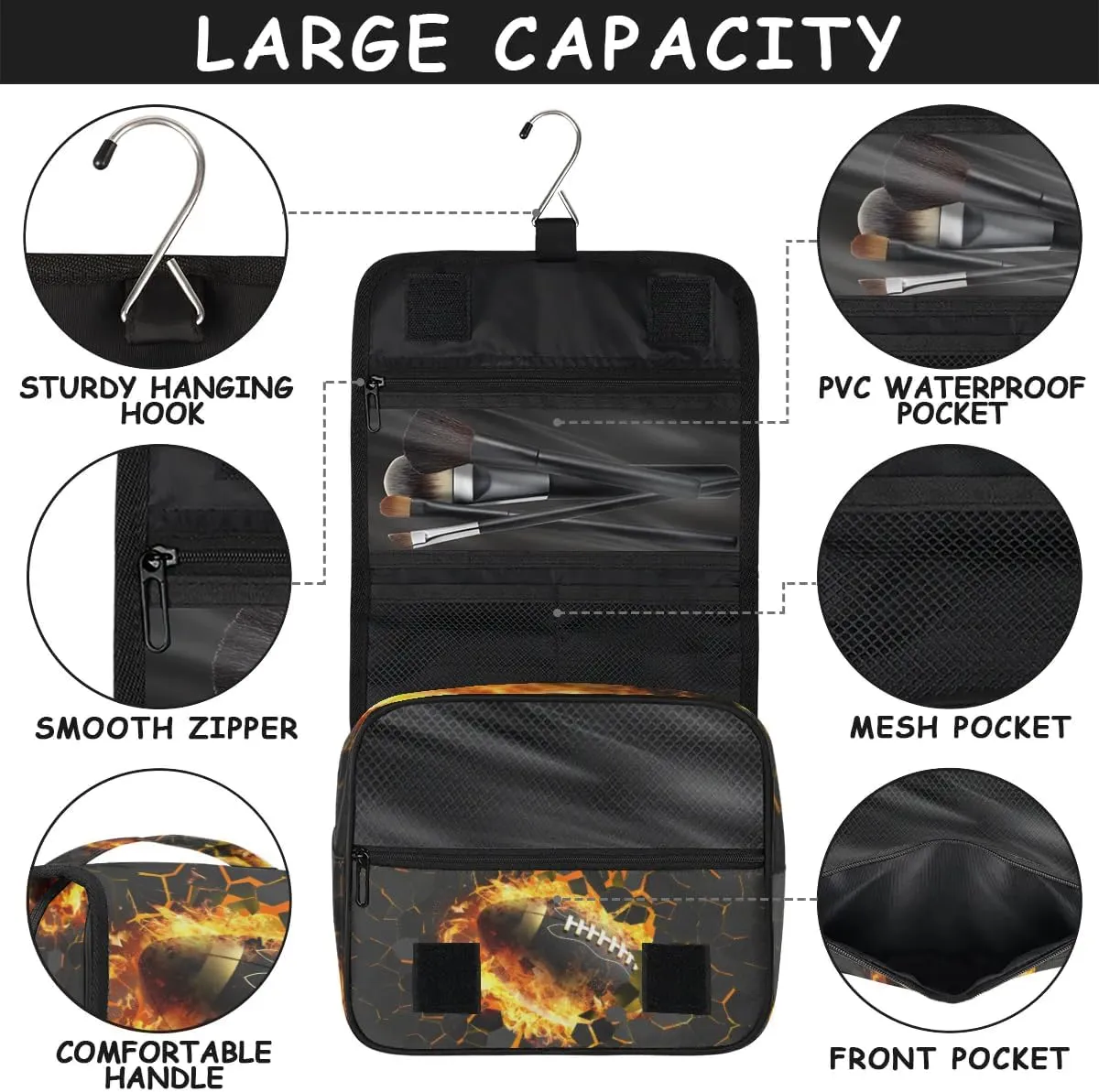 3D Football Hanging Travel Toiletry Bag for Kids, Women Cosmetic Organizer Makeup Bag Pouch Men Shaving Dopp Kit Shower Bag With Sturdy Hook